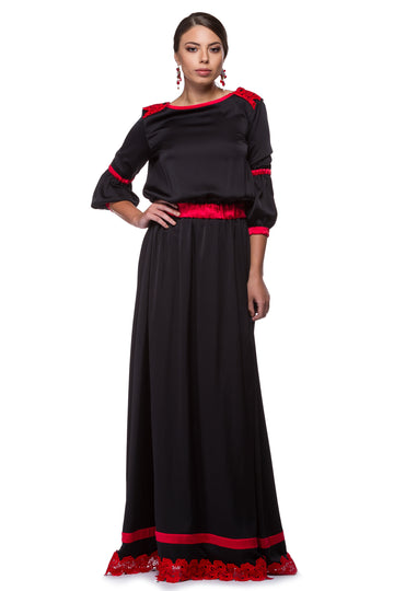Long black dress with silk details and Brussels lace WDR-0002